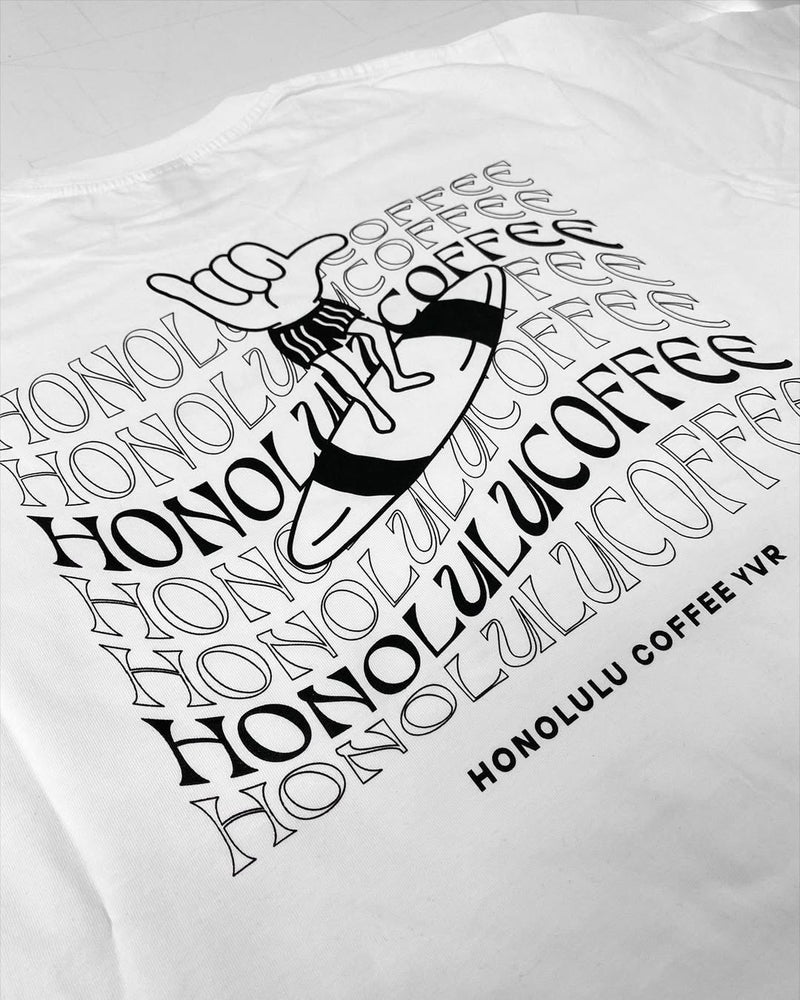 Printed graphic t-shirts created by In-House for Honolulu Coffee displayed during apparel production.