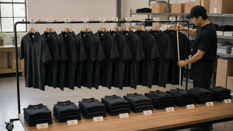 Assorted workwear T-shirts displayed on a clothing rack and table, showcasing multiple sizes for uniform production.