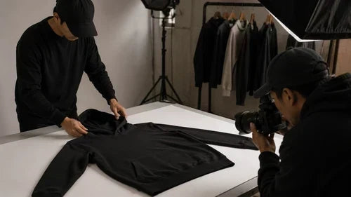 Clothing brand photoshoot setup with apparel samples and accessories displayed for production-ready assets.