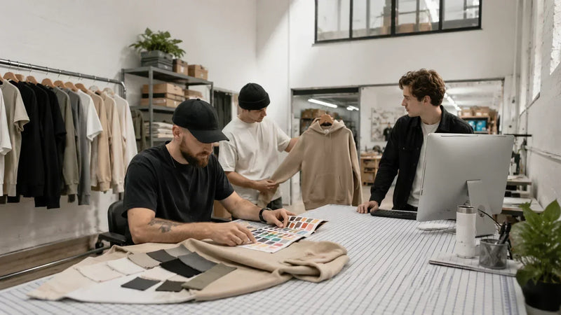 Designer cross-checking apparel samples and production notes during In-House clothing brand planning.