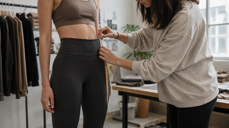 Designer measuring an athlete for athleisure apparel samples during product development in Canada.