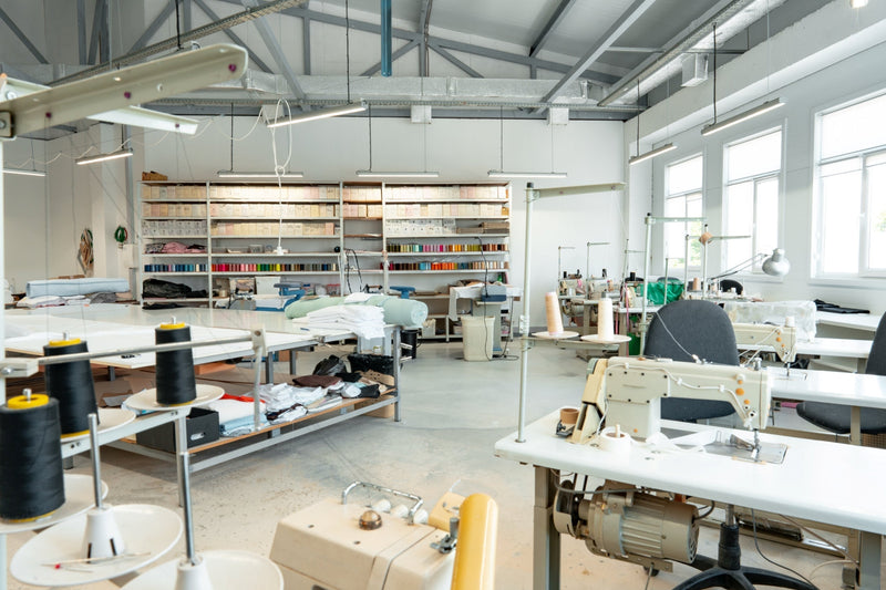 Small production room at In-House Canada with garments in progress and manufacturing equipment.