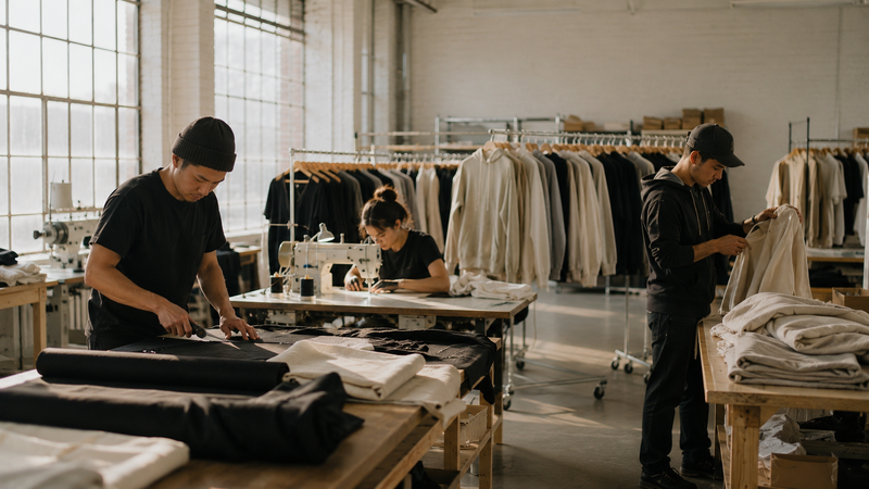 Designers collaborating in a Canadian fashion studio while developing a new clothing brand and apparel collection.