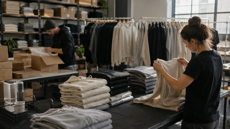Team members packing apparel orders and preparing wholesale shipments inside a clothing brand fulfillment workspace.