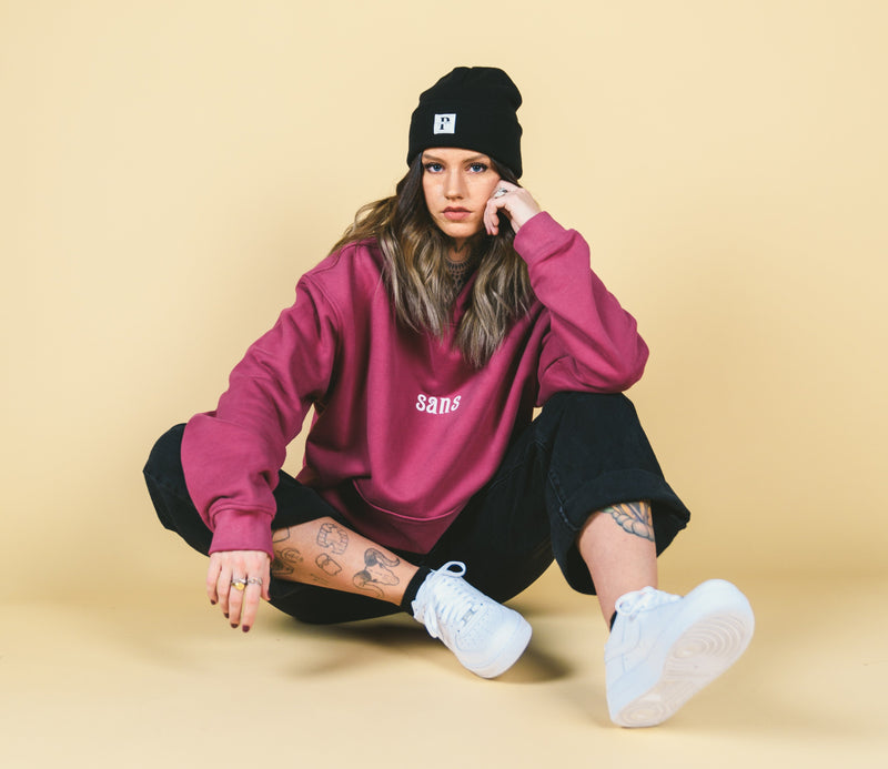  A model wearing a custom-made sweatshirt from In House, Canada. 